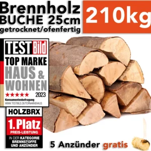 holzbrx Brennholz Buche, 25 cm, 210 kg, ofenfertig, unter 18% Restfeuchte, Scheite im Karton, inkl. 5 Holzwollanzünder, handverlesen