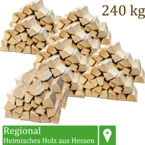 Flameup Buchenholzscheite Brennholz, 240 kg, 25 cm Länge, ofenfertig, luftkammergetrocknet, unter 18% Restfeuchte, aus regionalen Wäldern in Hessen, im Karton, für Ofen, Kamin, Kaminofen, Feuerschale, Grill